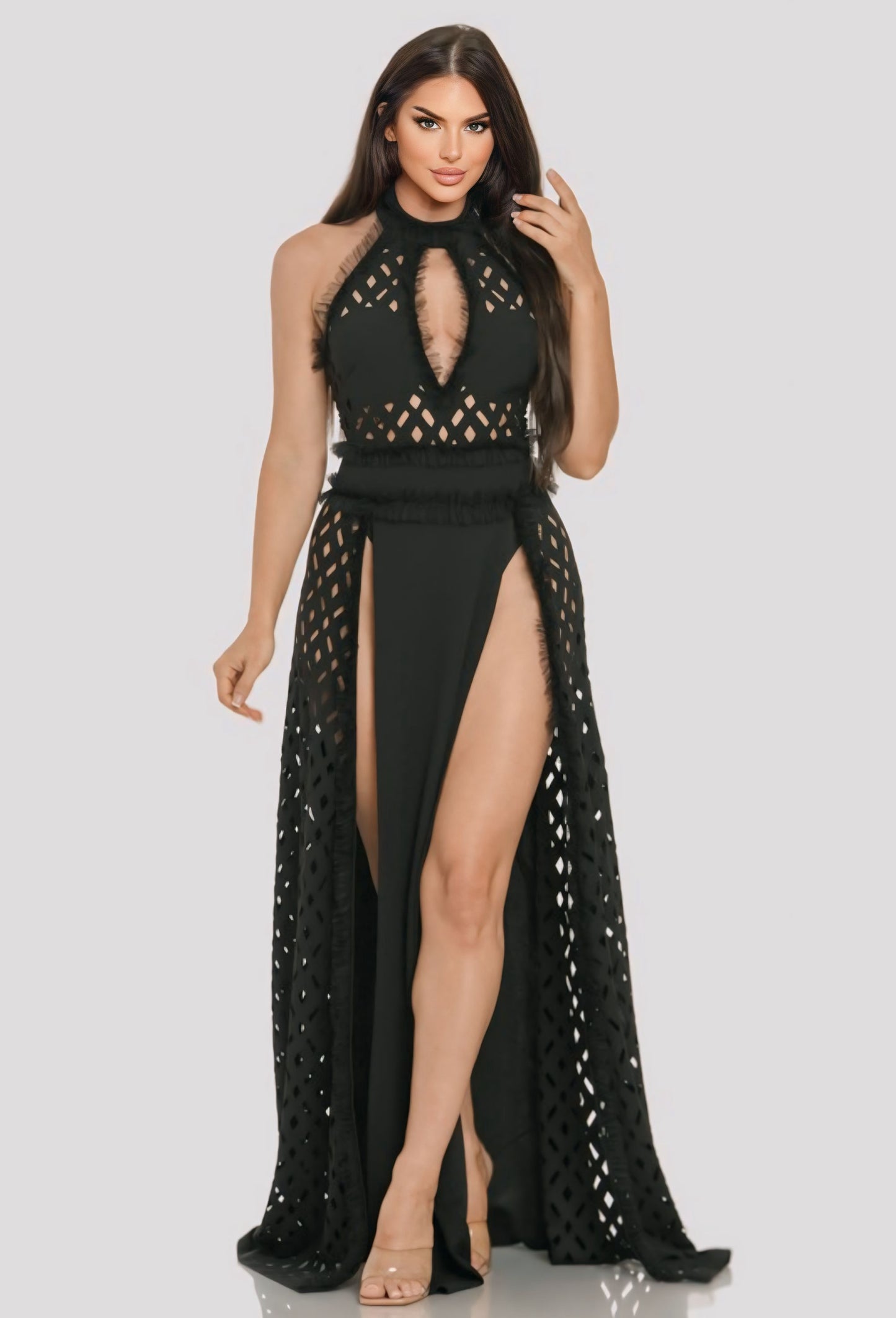 EYELET HALTER NECK MAXI DRESS